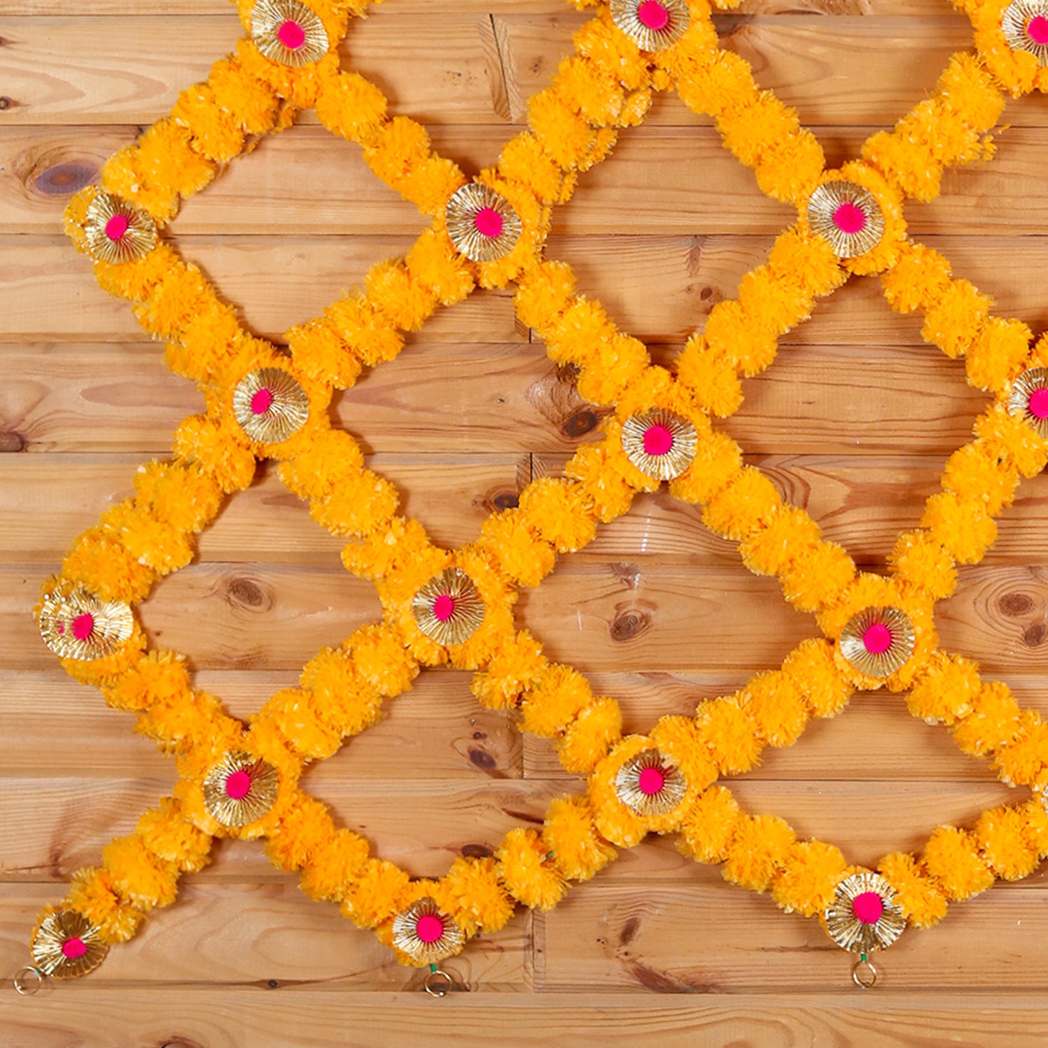 Handcrafted Marigold Jaal Mandir Backdrop – Yellow Genda Phool Net for Festive Pooja Decor