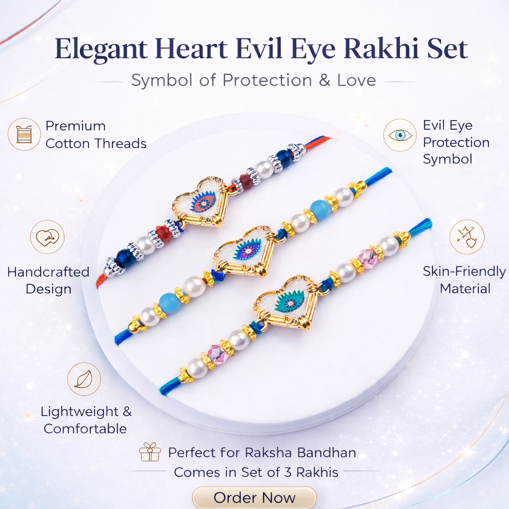 Heart Dial Evil Eye Designer Rakhi Set of 3