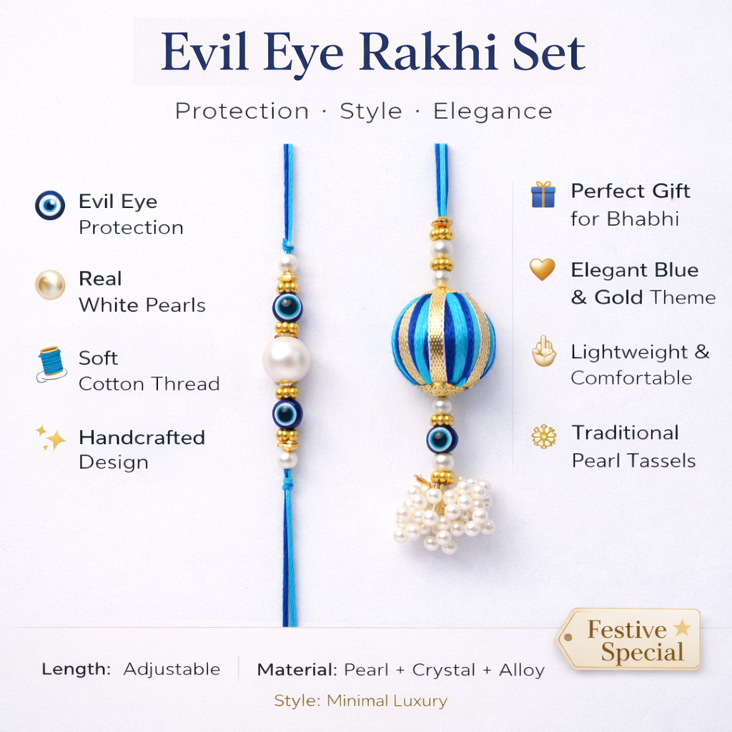 Striped Pom-Pom Evil Eye Bhai-Bhabhi Rakhi Set
