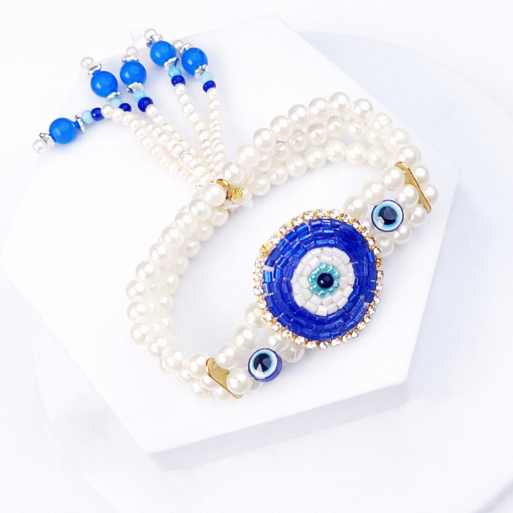 Evil Eye Pearl Bhaiya Bhabhi Rakhi Bracelet Set
