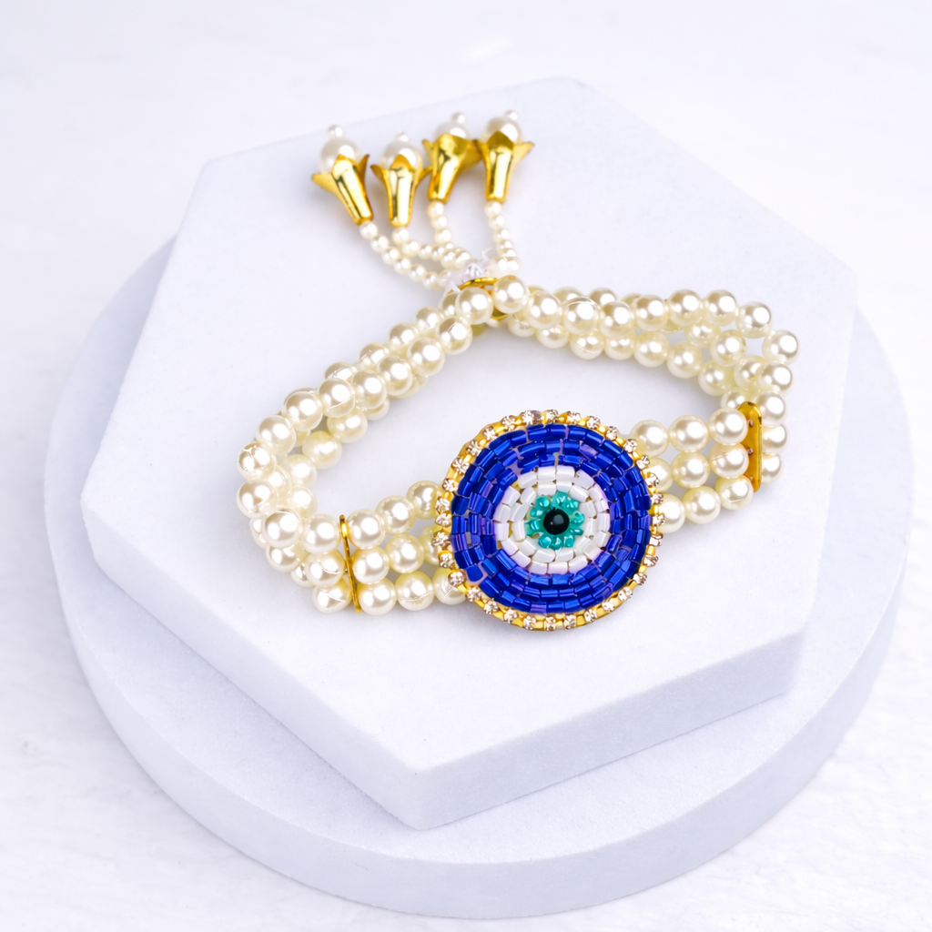 Evil Eye Pearl Bhaiya Bhabhi Rakhi Bracelet Set