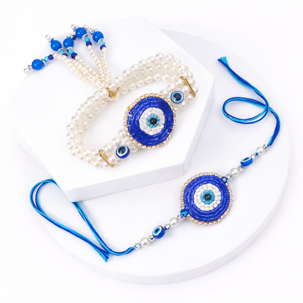 Evil Eye Pearl Bhaiya Bhabhi Rakhi Bracelet Set
