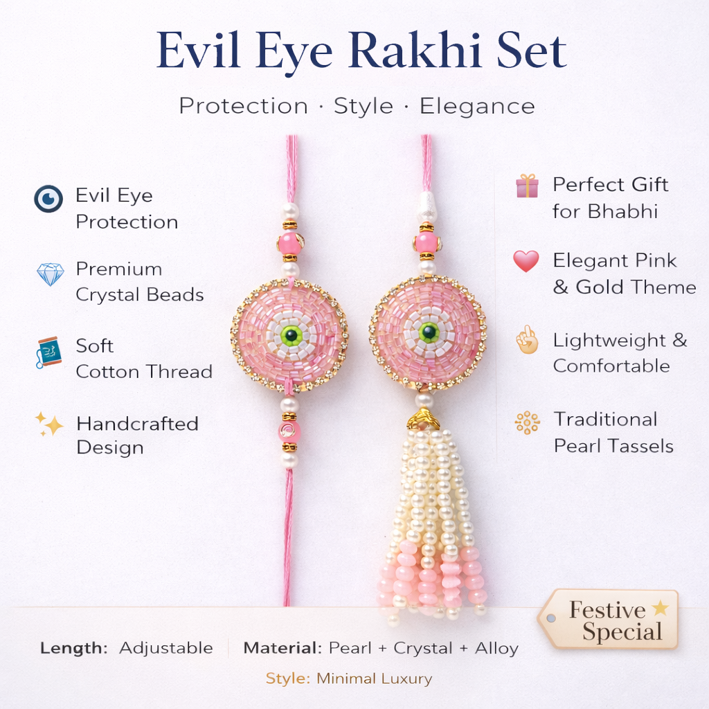 Circular Pink Beaded Evil Eye Bhai-Bhabhi Rakhi Set