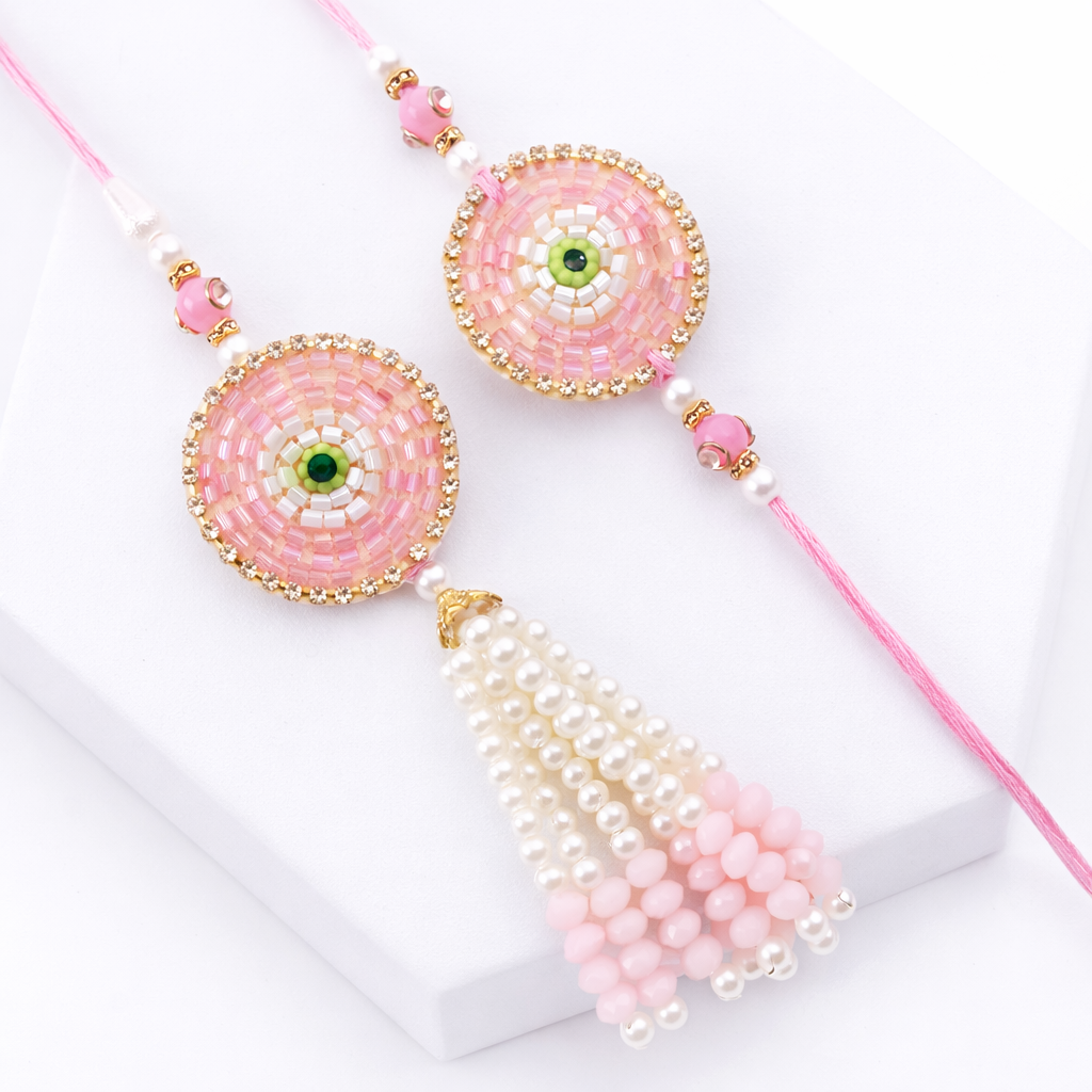 Circular Pink Beaded Evil Eye Bhai-Bhabhi Rakhi Set