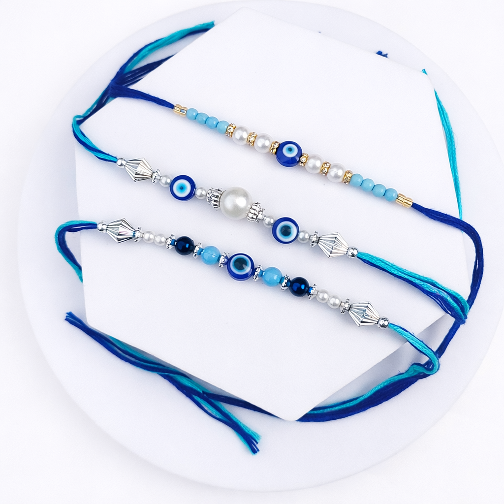 Triple Evil Eye and Pearl Beaded Rakhi Set