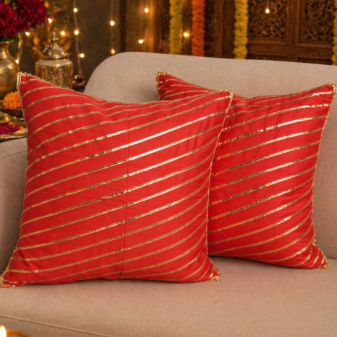 Premium Red Gold Striped Cushion Covers Set of 2