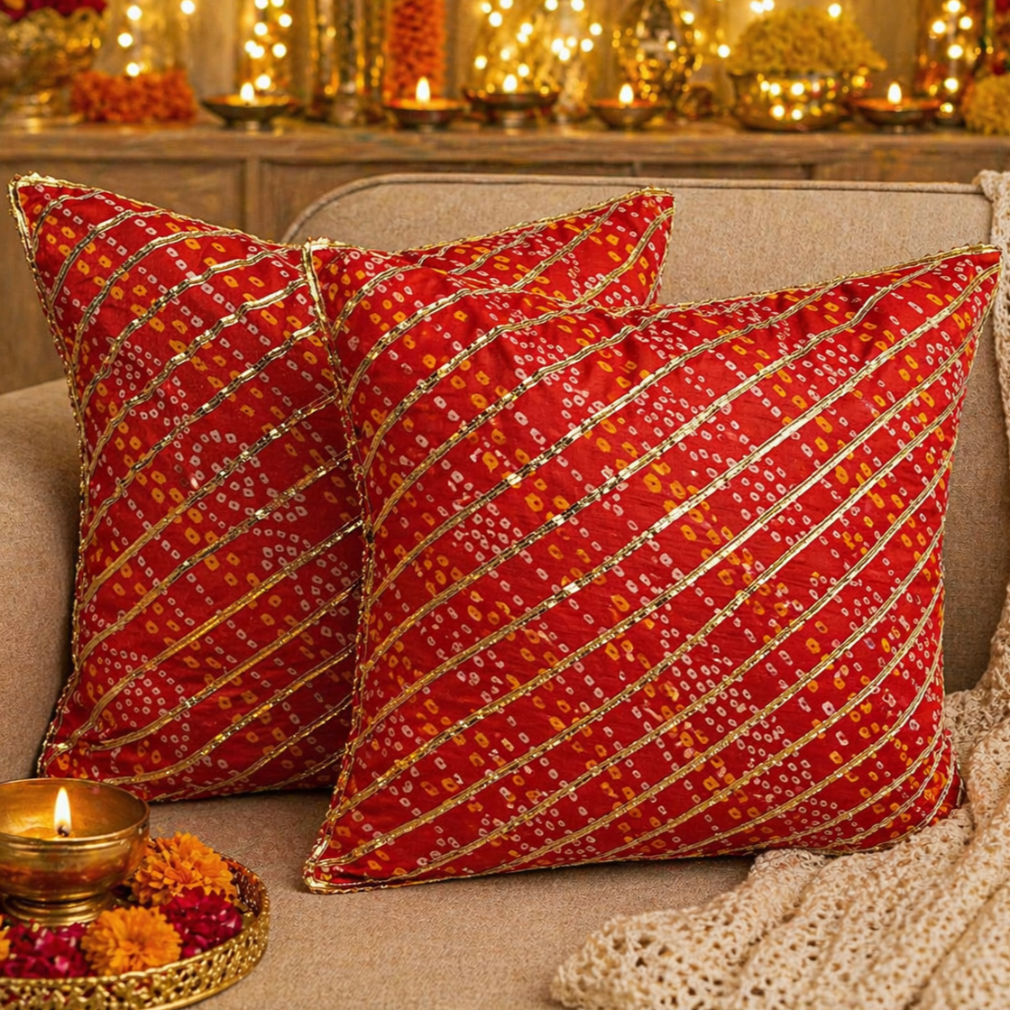 Premium Red Gold Diagonal Cushion Covers Set of 2