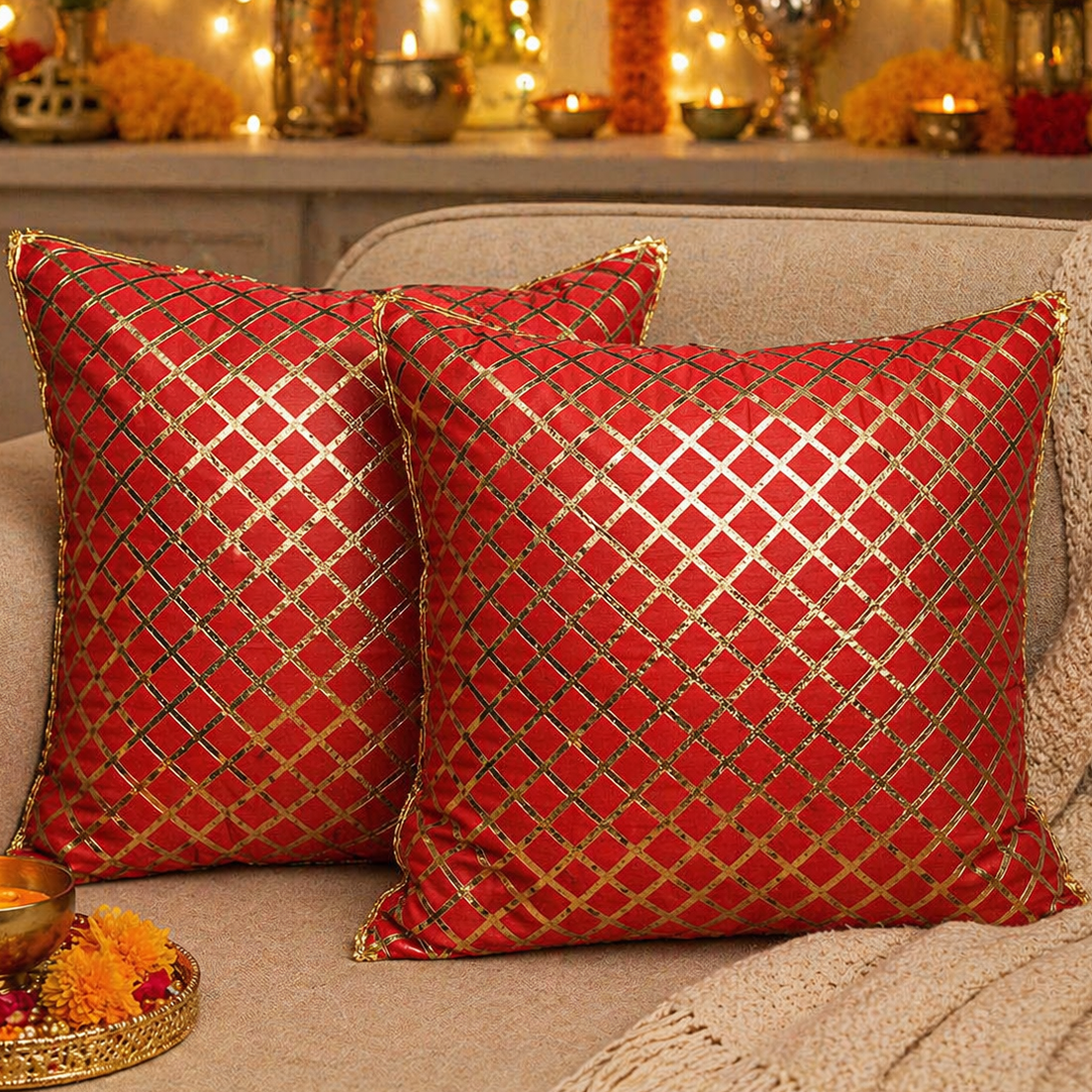 Premium Red Gold Designer Cushion Covers Set of 2