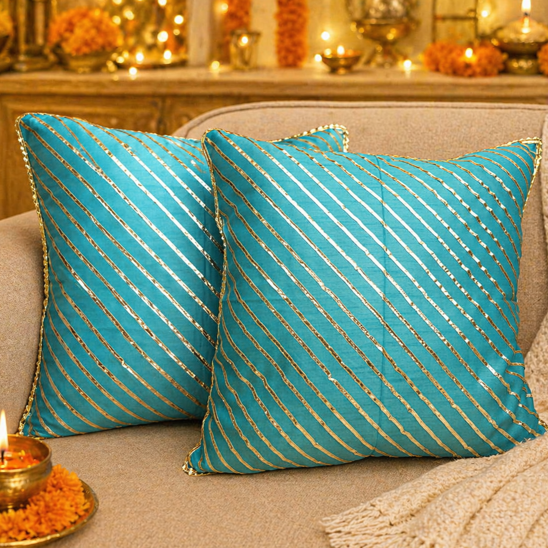 Teal Blue & Gold Festive Cushion Covers Set of 2