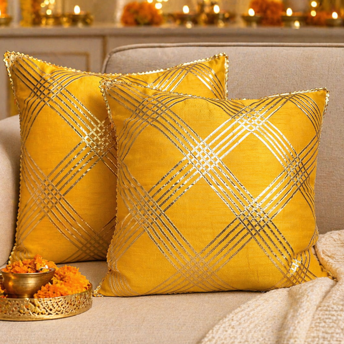 Mustard Yellow & Silver Festive Cushion Covers Set of 2