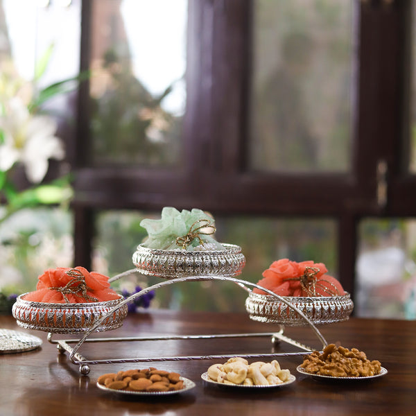 Elegant 3-Tier German Silver Serving Set – Luxury Dry Fruit & Sweet Platter
