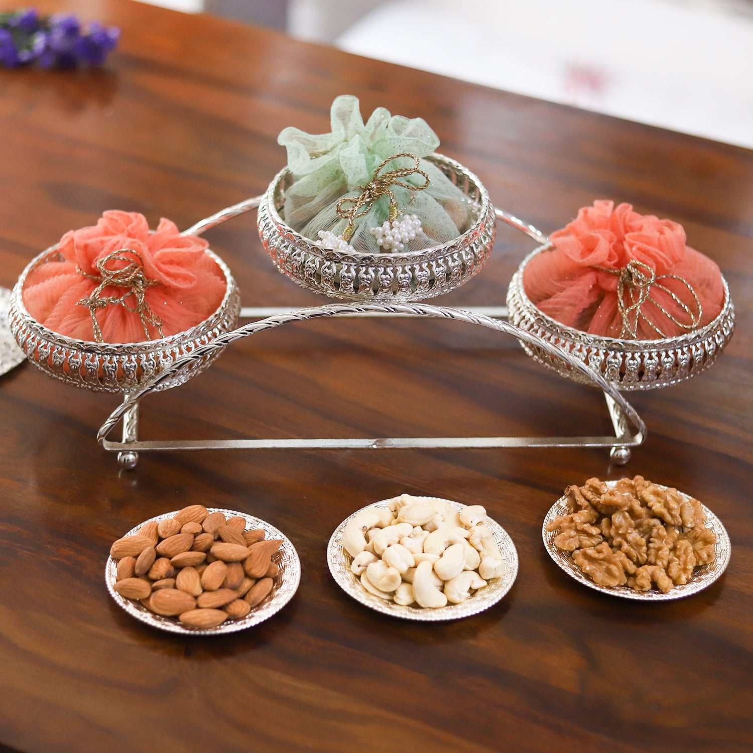 Elegant 3-Tier German Silver Serving Set – Luxury Dry Fruit & Sweet Platter