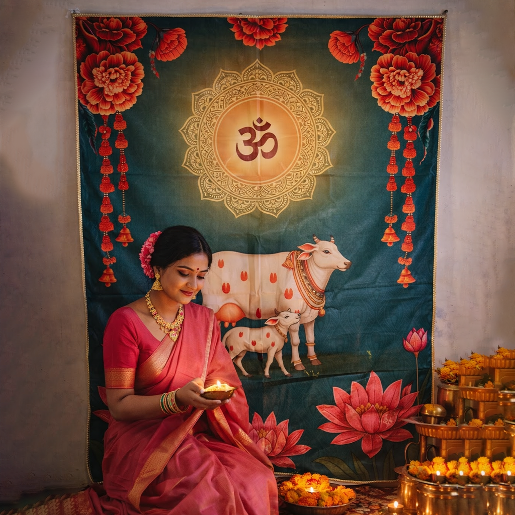 premium Om Pooja Backdrop Cloth | Mandir Wall Decor