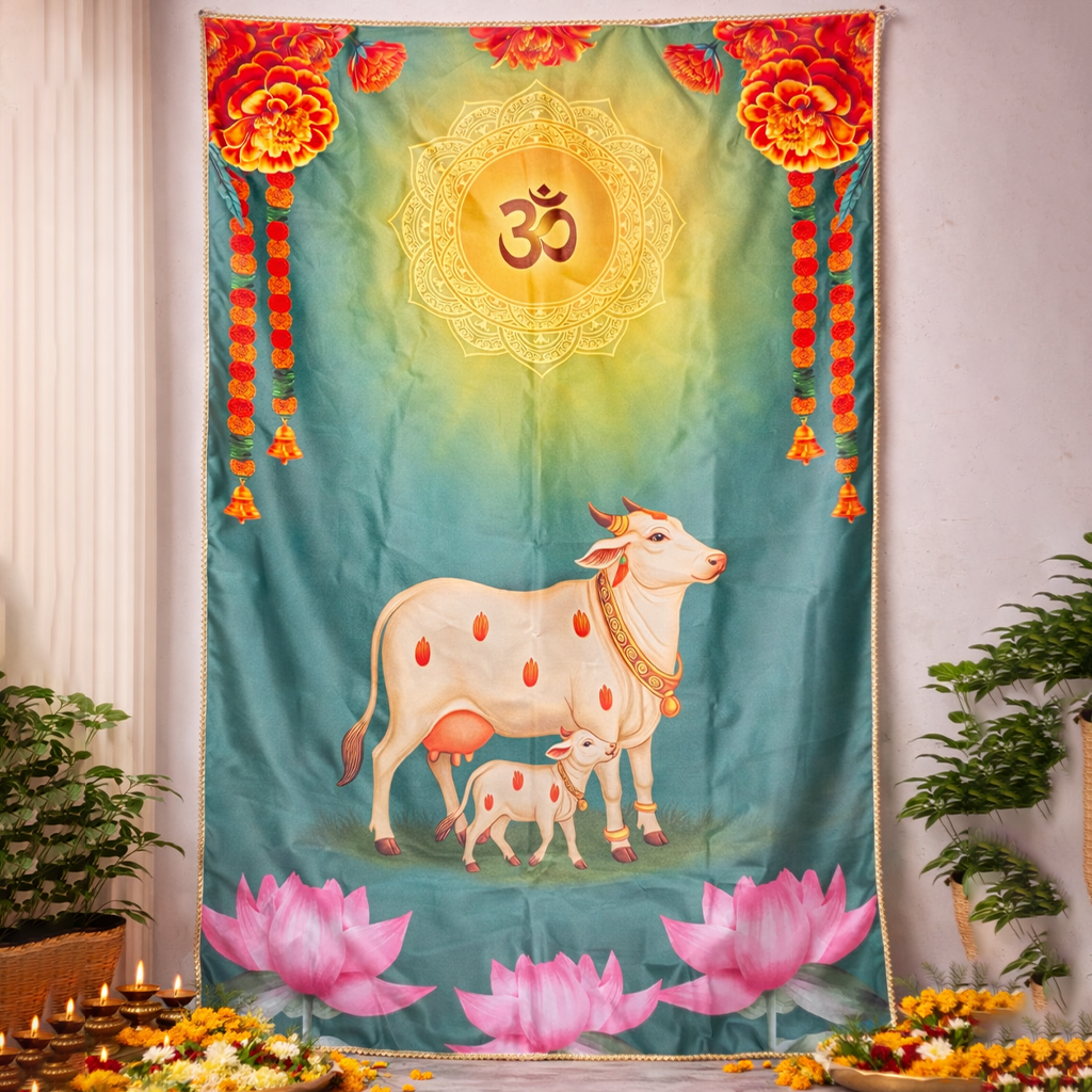 Premium Om Pooja Backdrop Cloth | Cow Design Mandir Wall Decor
