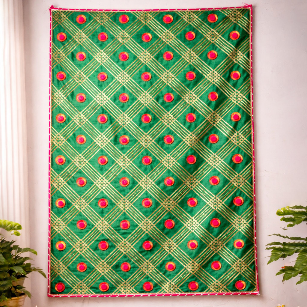 Premium Green Designer Pooja Backdrop | Decorative Mandir Cloth