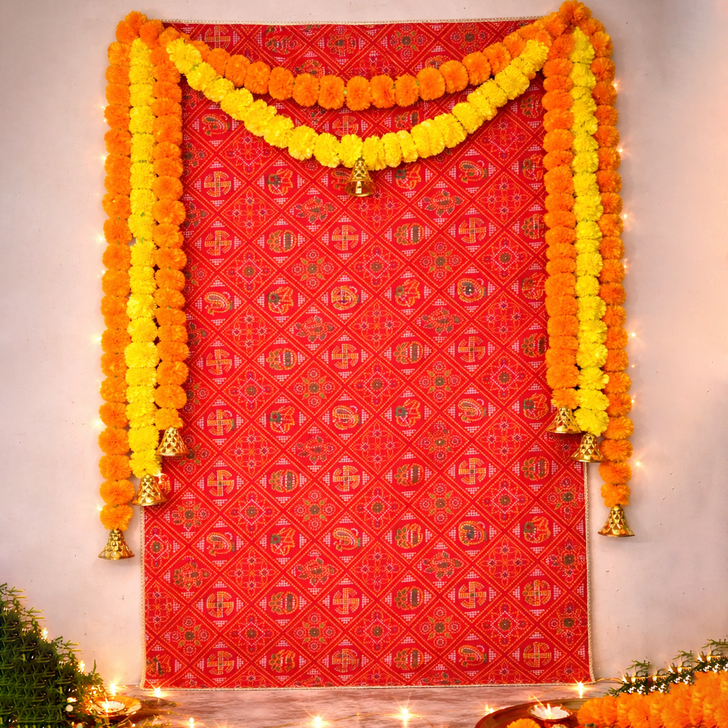 Premium Red Pooja Backdrop Cloth with Marigold Decor | Mandir Decoration