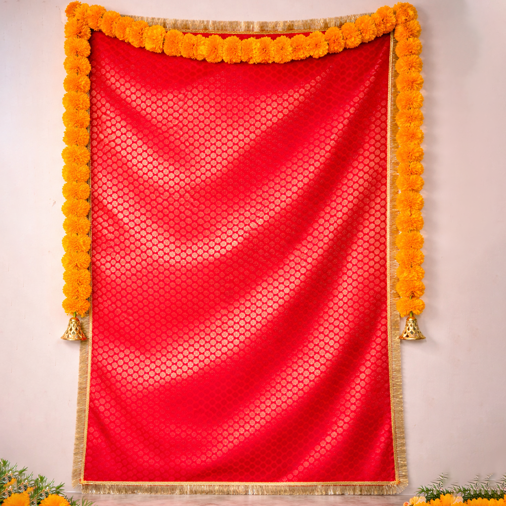 Red Designer Pooja Backdrop | Mandir Decoration Cloth