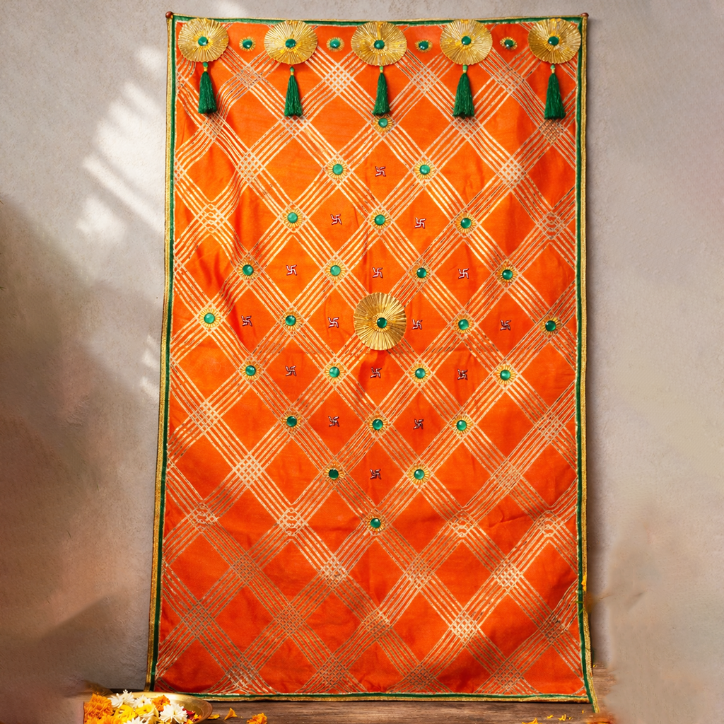 Premium Orange Designer Pooja Backdrop | Mandir Decoration Cloth