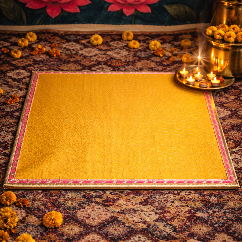 Premium Yellow Pooja Aasan Cloth | Mandir Chowki Mat