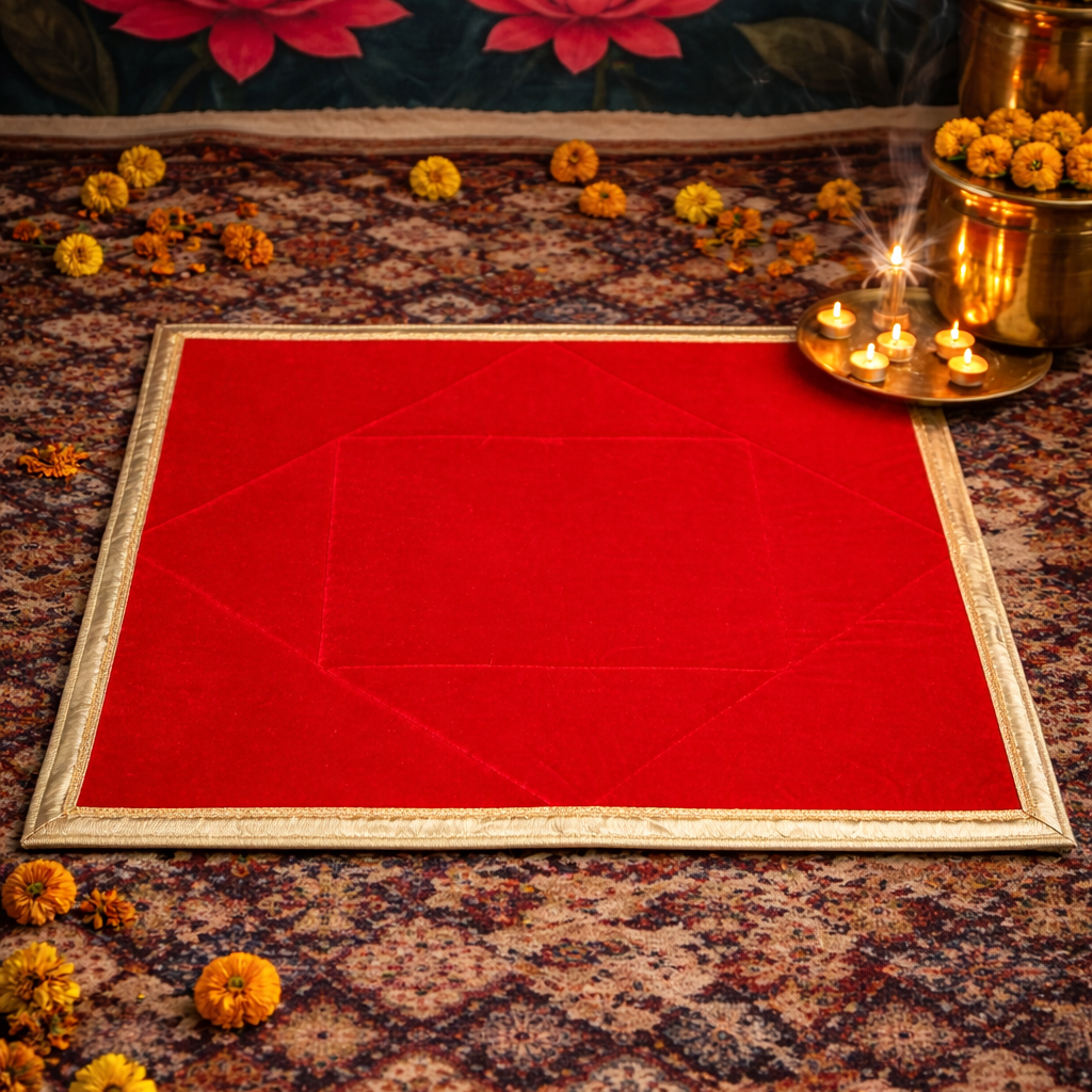 Premium Red Velvet Pooja Aasan | Mandir Chowki Mat