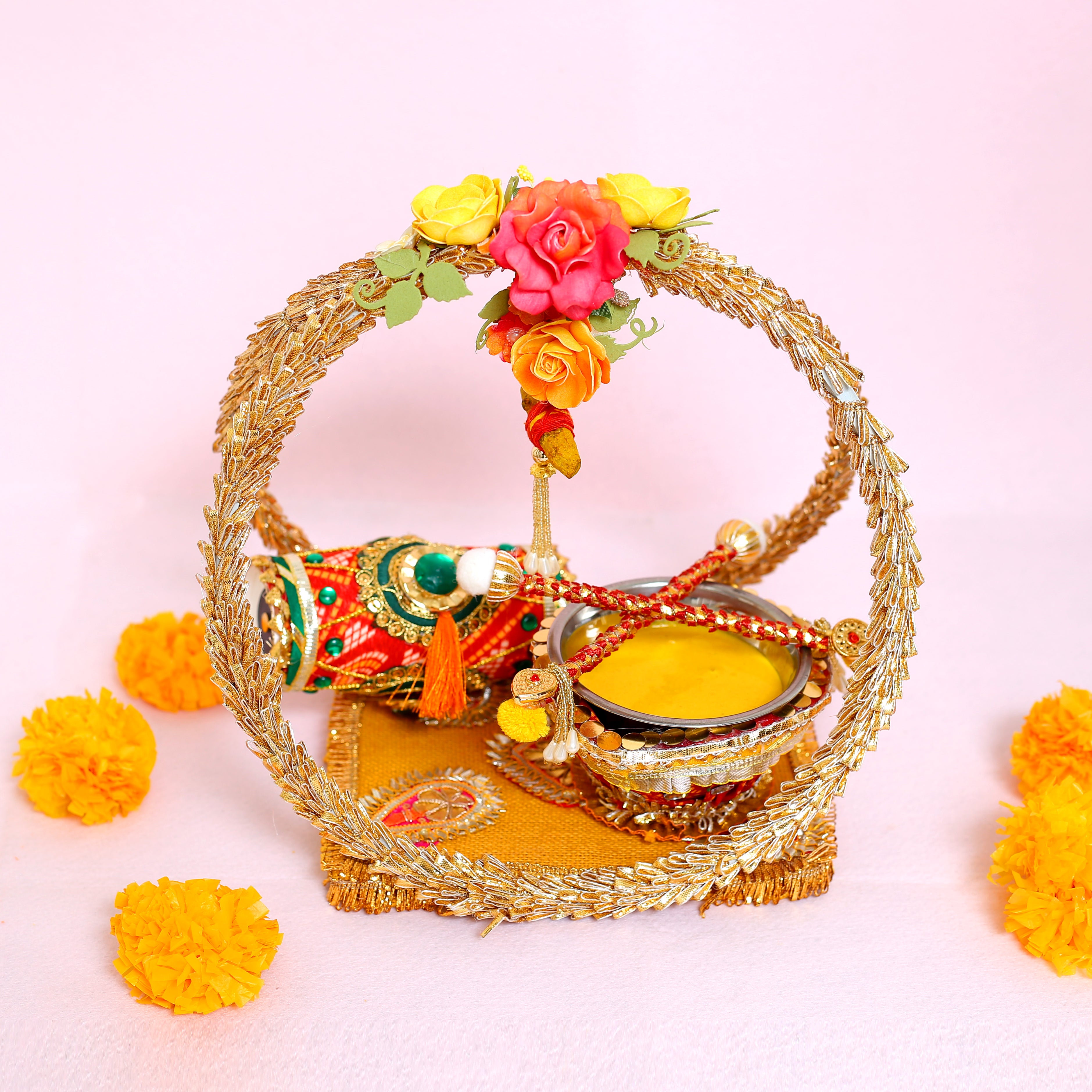 Handcrafted Royal Golden Wedding Haldi Thali – Artisanal Floral Arched Platter for Marriage Rituals