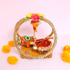 Handcrafted Royal Golden Wedding Haldi Thali – Artisanal Floral Arched Platter for Marriage Rituals
