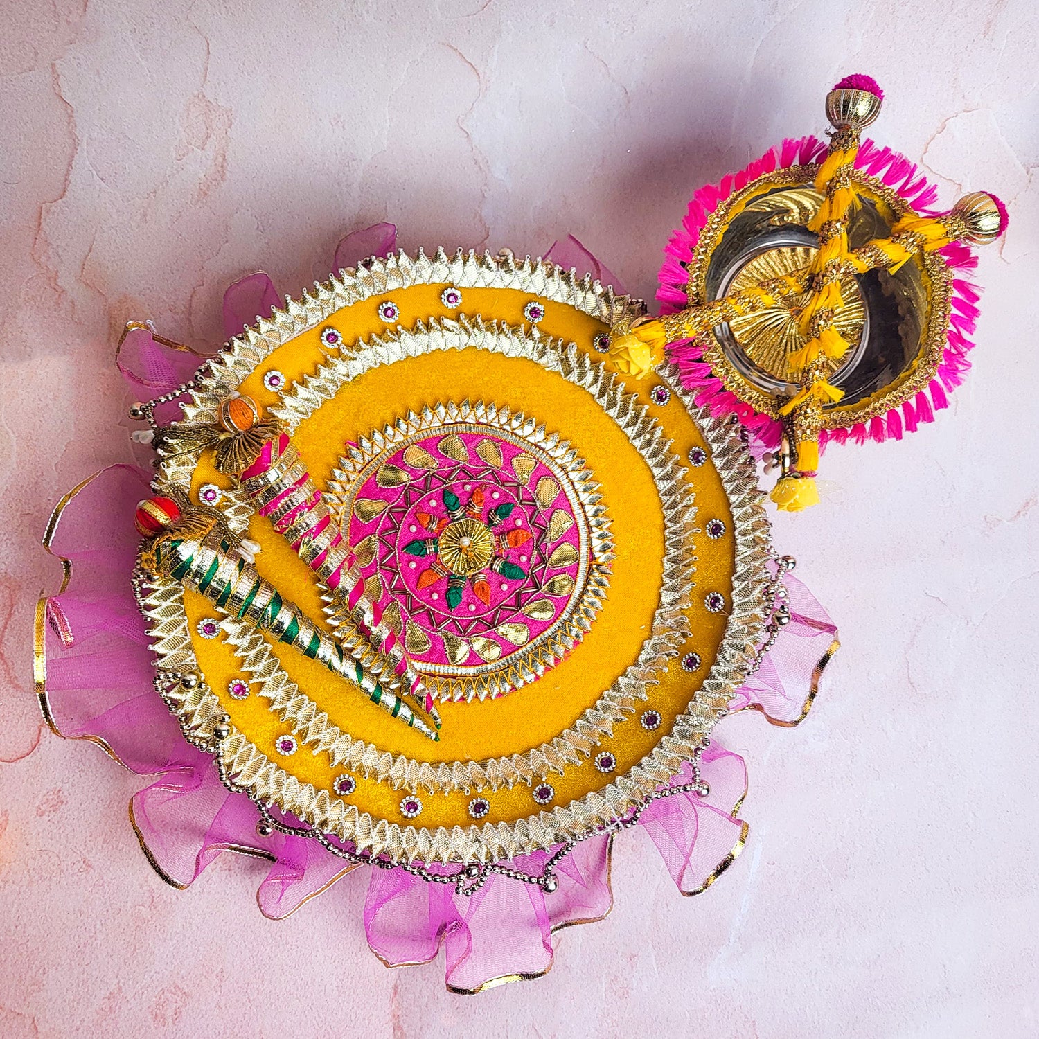 Handcrafted Royal Gota Patti Haldi Thali Set – Artisanal Yellow & Pink Ritual Platter for Wedding Ceremonies