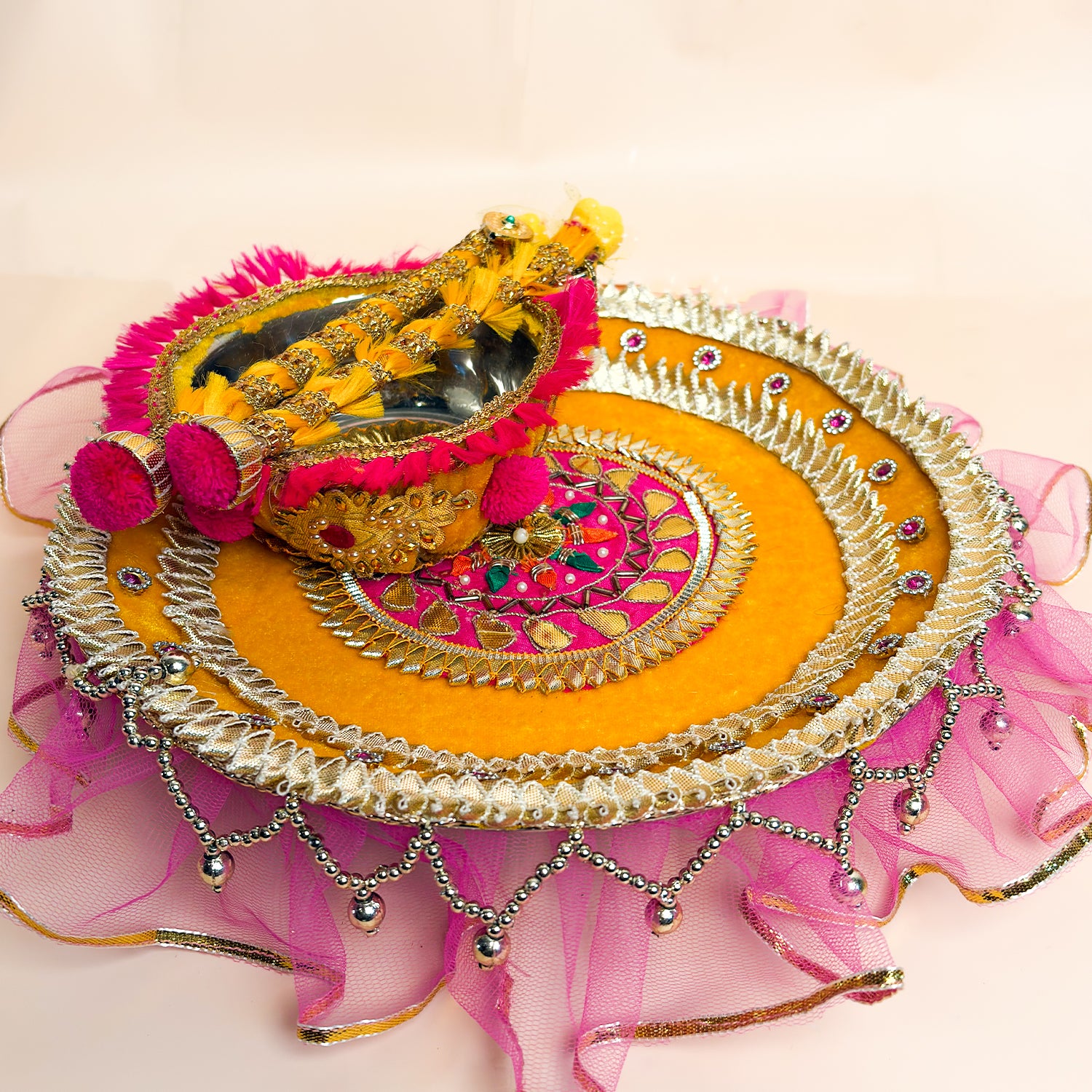 Handcrafted Royal Gota Patti Haldi Thali Set – Artisanal Yellow & Pink Ritual Platter for Wedding Ceremonies
