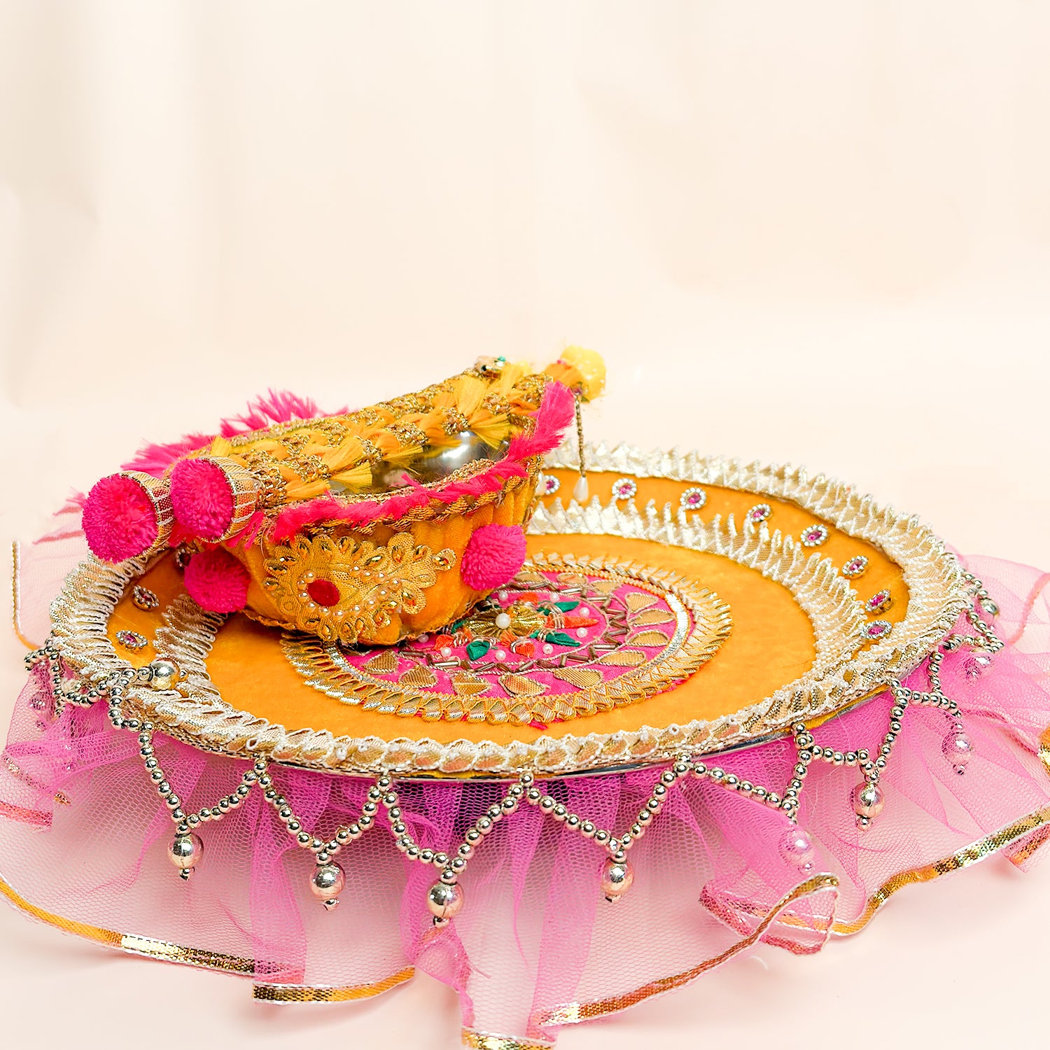 Handcrafted Royal Gota Patti Haldi Thali Set – Artisanal Yellow & Pink Ritual Platter for Wedding Ceremonies