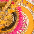Handcrafted Royal Gota Patti Haldi Thali Set – Artisanal Yellow & Pink Ritual Platter for Wedding Ceremonies