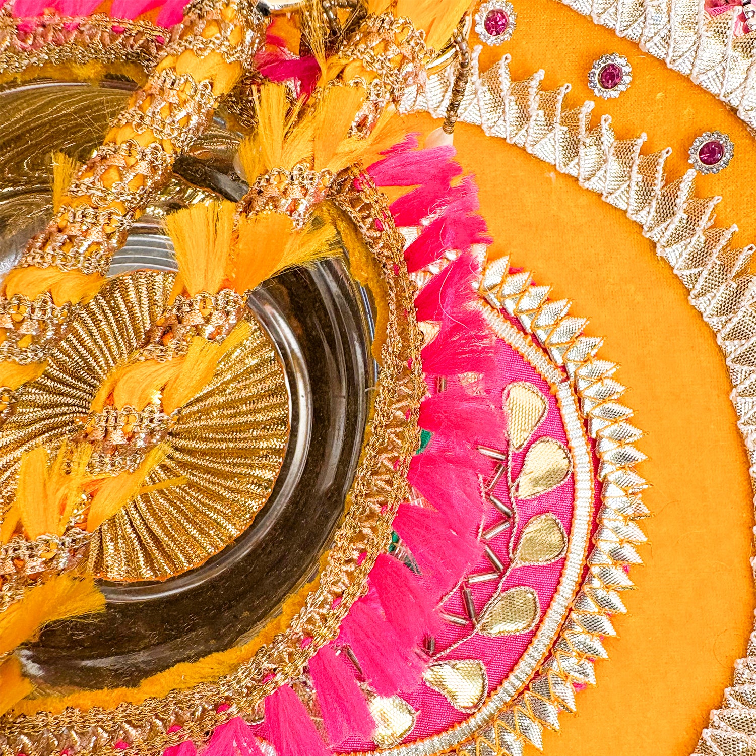 Handcrafted Royal Gota Patti Haldi Thali Set – Artisanal Yellow & Pink Ritual Platter for Wedding Ceremonies