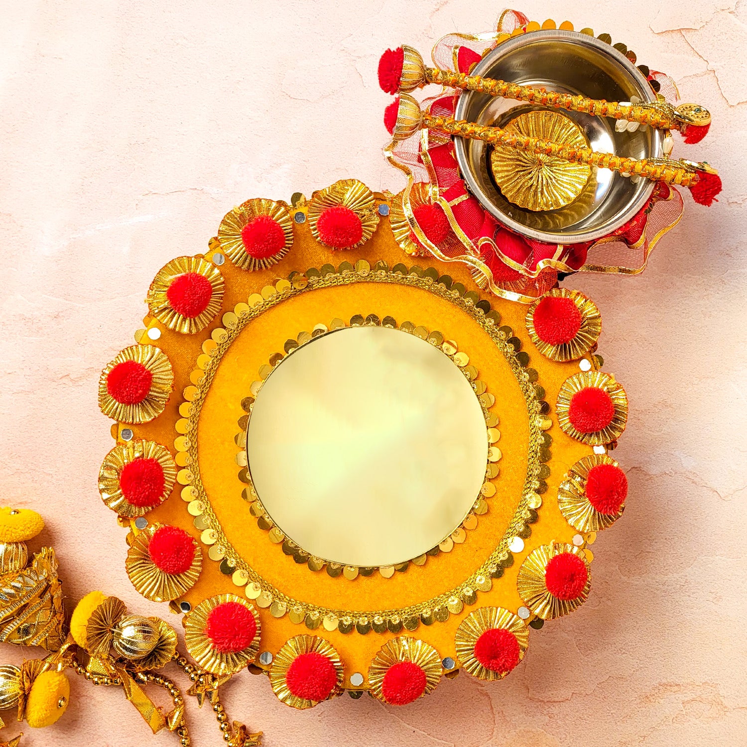 Handcrafted Royal Gota Patti Haldi Thali Set – Artisanal Yellow & Pink Ritual Platter for Wedding Ceremonies