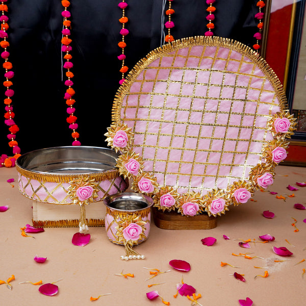 Exquisite Pink Floral Karwa Chauth Thali Set – Traditional Handcrafted Pooja Kit
