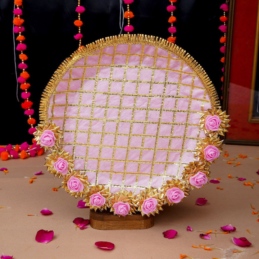 Exquisite Pink Floral Karwa Chauth Thali Set – Traditional Handcrafted Pooja Kit