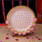 Exquisite Pink Floral Karwa Chauth Thali Set – Traditional Handcrafted Pooja Kit