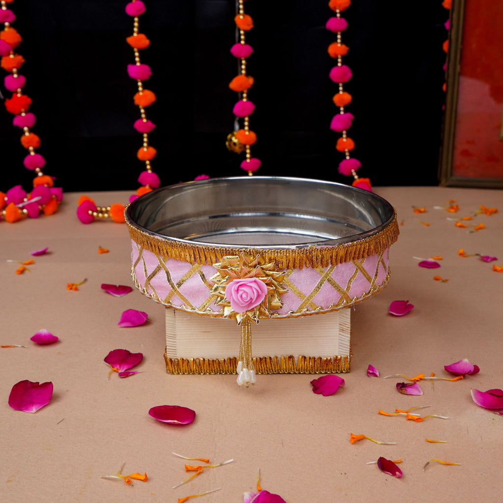 Exquisite Pink Floral Karwa Chauth Thali Set – Traditional Handcrafted Pooja Kit