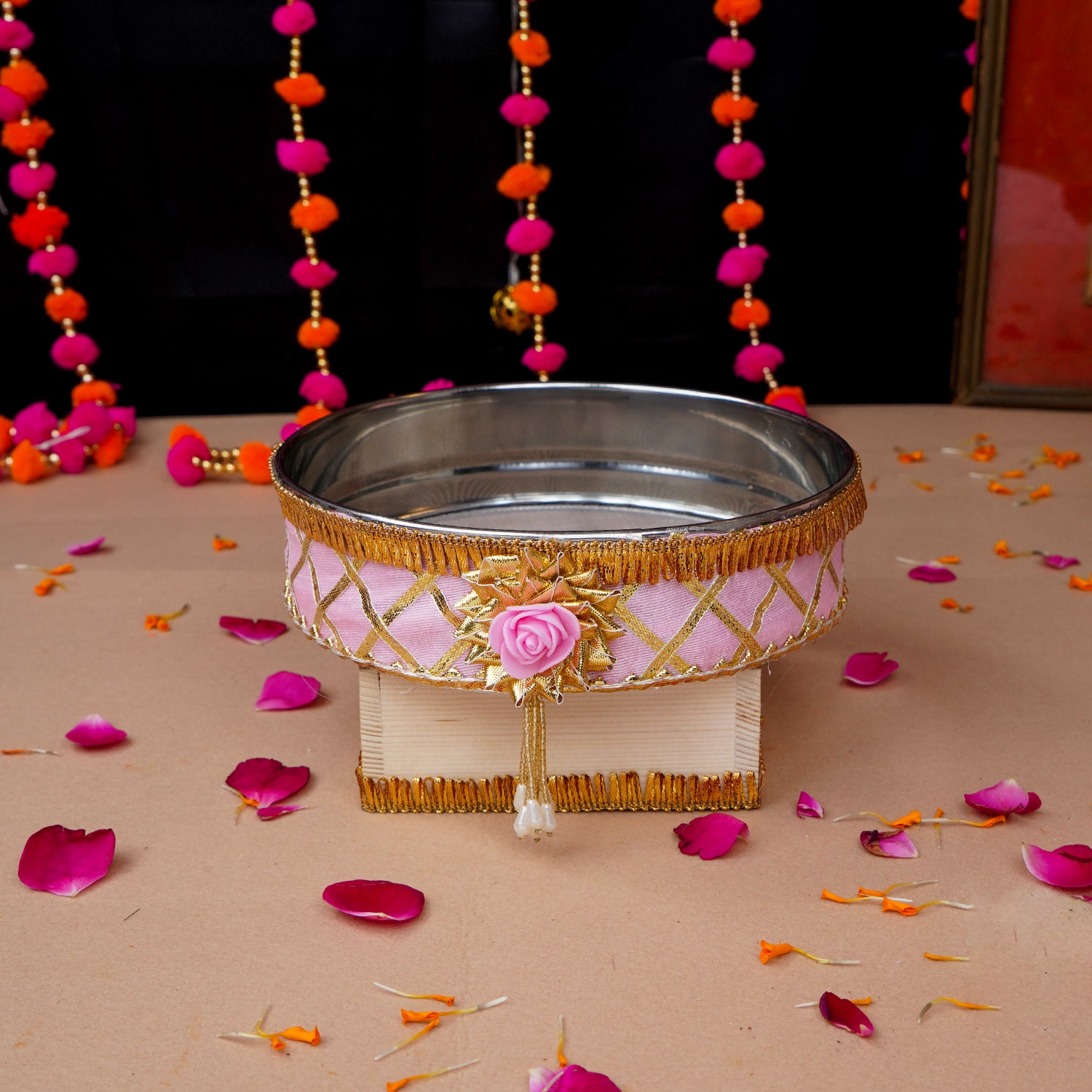 Exquisite Pink Floral Karwa Chauth Thali Set – Traditional Handcrafted Pooja Kit