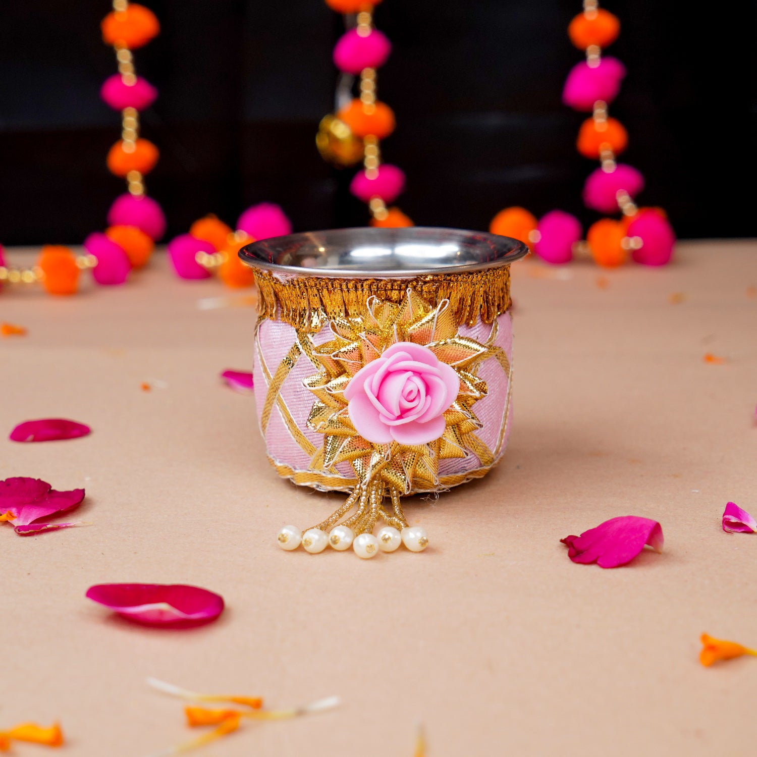 Exquisite Pink Floral Karwa Chauth Thali Set – Traditional Handcrafted Pooja Kit