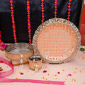 Elegant Peach Gota Patti Karwa Chauth Thali Set – Handcrafted Traditional Ritual Kit