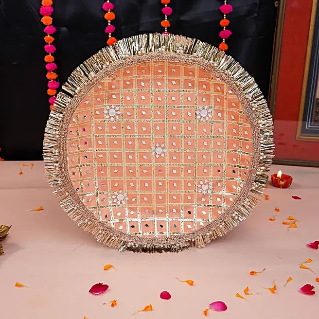 Elegant Peach Gota Patti Karwa Chauth Thali Set – Handcrafted Traditional Ritual Kit