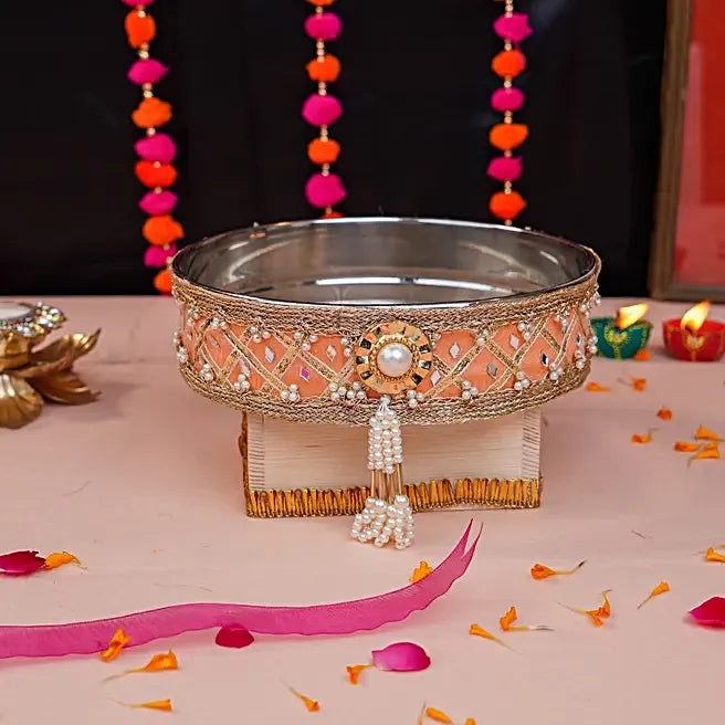 Elegant Peach Gota Patti Karwa Chauth Thali Set – Handcrafted Traditional Ritual Kit