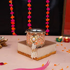 Elegant Peach Gota Patti Karwa Chauth Thali Set – Handcrafted Traditional Ritual Kit