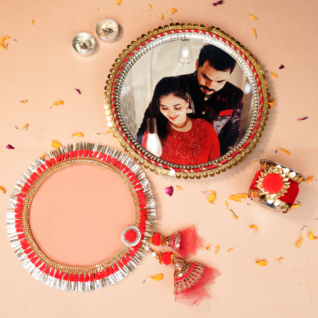 Karwa Chauth Personalized Photo Thali Set | Designer Karvachauth Pooja Thali, & Channi