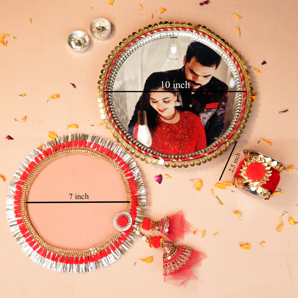 Karwa Chauth Personalized Photo Thali Set | Designer Karvachauth Pooja Thali, & Channi