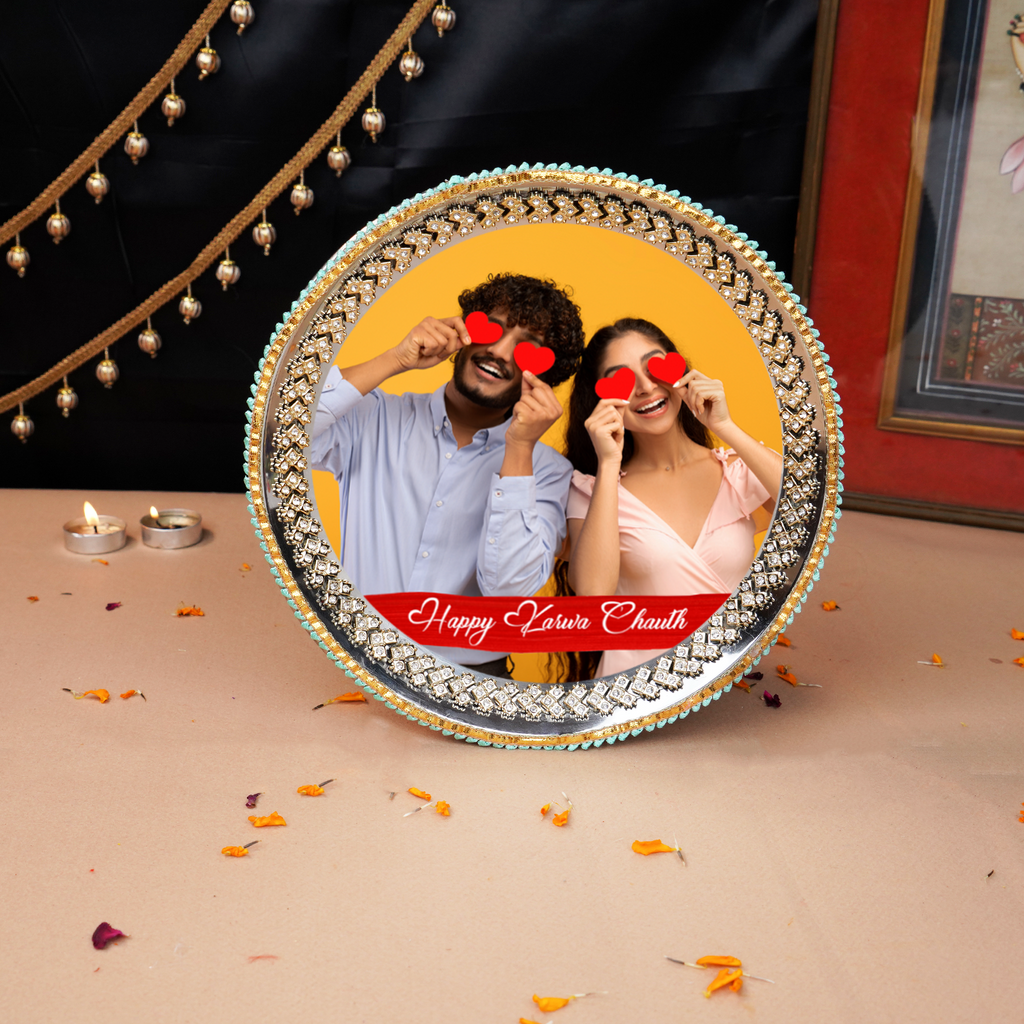 Karwa Chauth Personalized Photo Thali Set | Designer Karvachauth Pooja Thali, & Channi