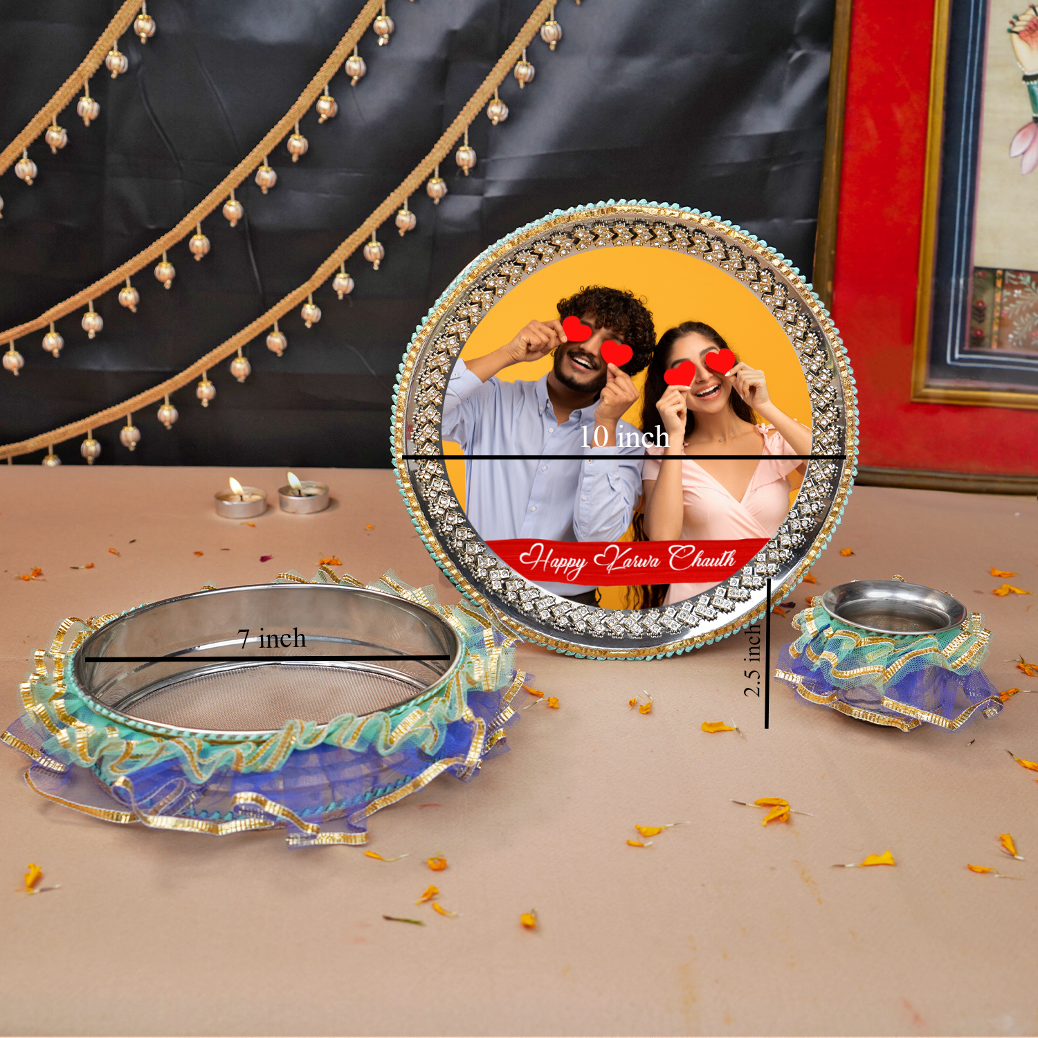 Karwa Chauth Personalized Photo Thali Set | Designer Karvachauth Pooja Thali, & Channi