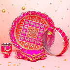 Exquisite Rani Pink & Orange Gota Patti Karwa Chauth Thali Set – Handcrafted Designer Pooja Kit