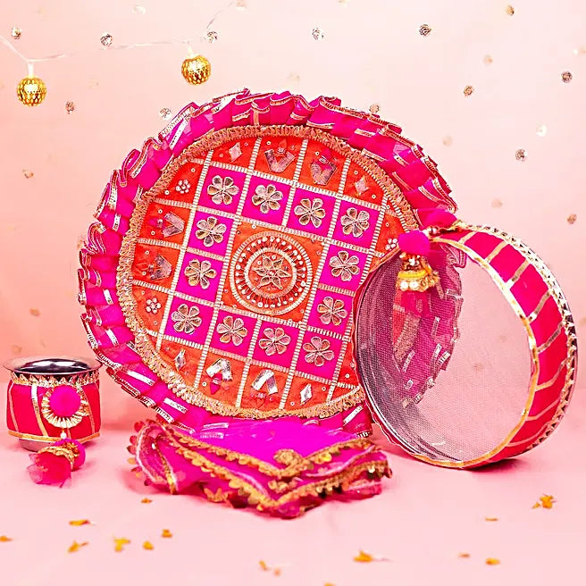 Exquisite Rani Pink & Orange Gota Patti Karwa Chauth Thali Set – Handcrafted Designer Pooja Kit