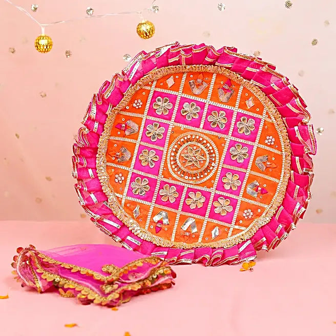 Exquisite Rani Pink & Orange Gota Patti Karwa Chauth Thali Set – Handcrafted Designer Pooja Kit