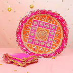 Exquisite Rani Pink & Orange Gota Patti Karwa Chauth Thali Set – Handcrafted Designer Pooja Kit